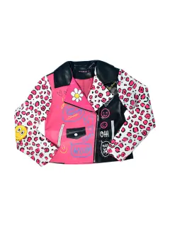 CHAQUETA DE CUERO NEGRA CON ROSA